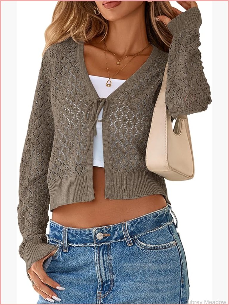 Crochet Tie Front Shrug Cardigan Long Sleeve Knit Cropped Top